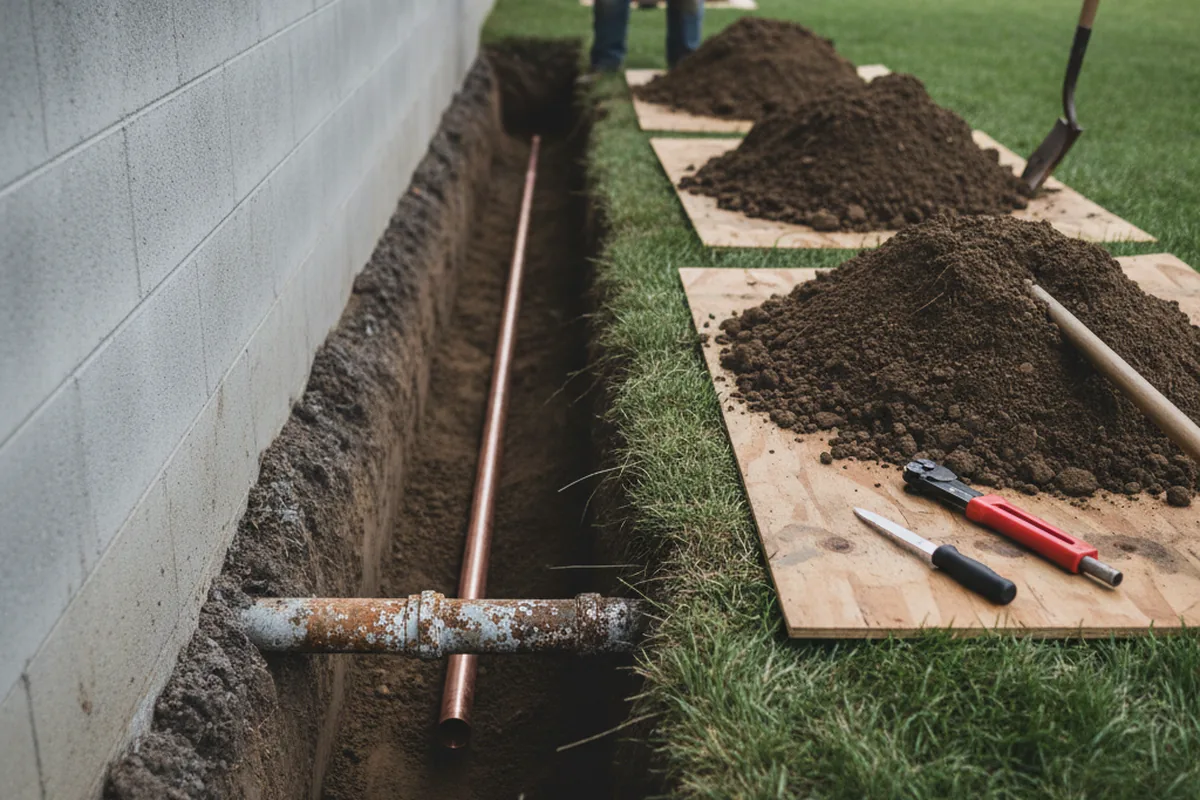 Excavated water line trench during Water Heater Repair in Marion